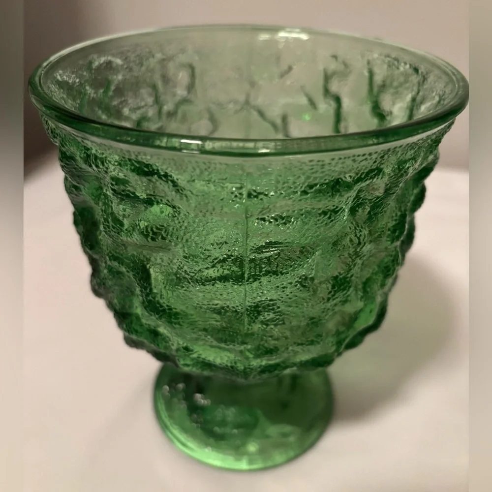 Vintage E.O. Brody Co. Crinkle Green Textured Glass Pedestal Goblet Vase Dish